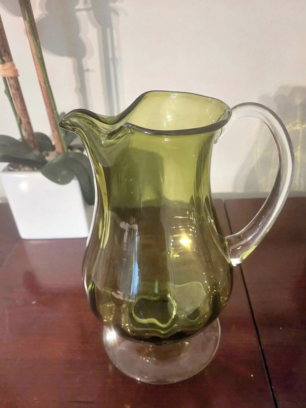 Vintage Green & Clear Hand- Blown Art Glass Pitcher